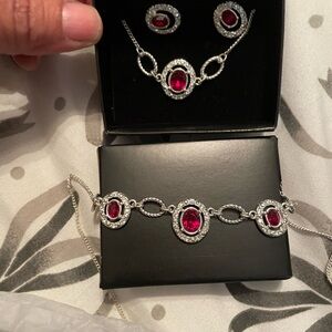 Avon Silver Necklace Bracelet earrings with Red Stones
